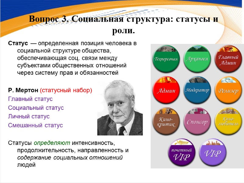 Вопрос 3. Социальная структура: статусы и роли. Статус — определенная позиция человека в социальной